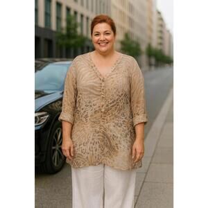 Maggie Barnes/Catherines Women's Brown Ivory Animal Print Semi Sheer Tunic 3X